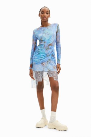 Desigual Collina Strada Long-sleeved Mesh Haljina Plave | 8vA3hNDo