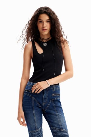 Desigual Cut-out Vest Top Majice Crne | 2RLoR2Y6