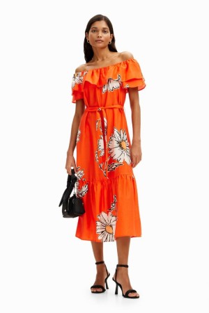 Desigual Daisy Ruffle Midi Haljina Narančaste | ayvF3Tt0