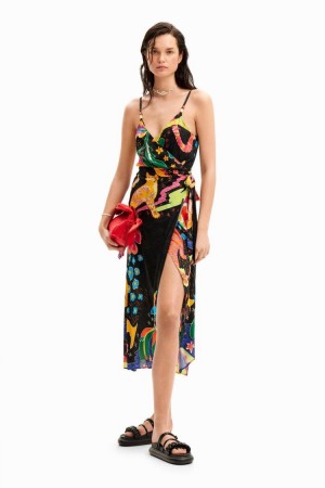 Desigual Jungle Design Wrap Midi Dress Kupaći Kostimi Crne | 8Mg1Wflu