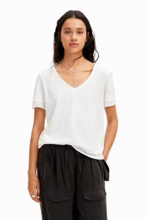 Desigual Openwork V-neck Majice Bijele | mmW3PqMZ