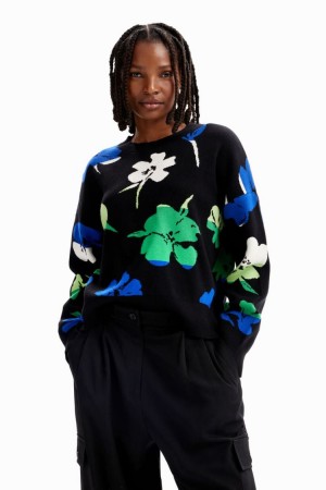 Desigual Oversize Floral Pullover Džemperi Crne | 4KtHZrFv