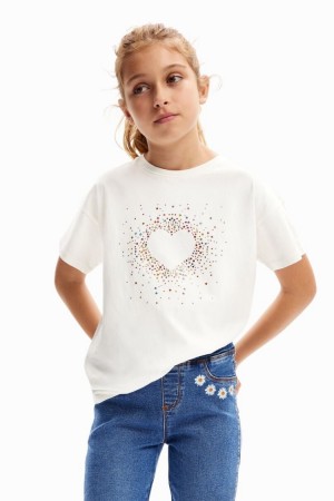 Desigual Rhinestone Heart Majice Bijele | 83kEMxHd