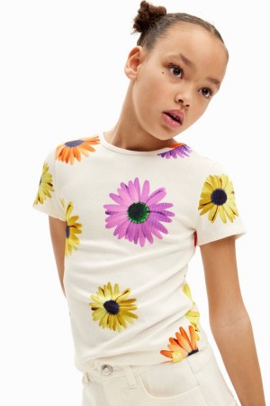 Desigual Ribbed Daisy Majice Bijele | iHUMCqY4