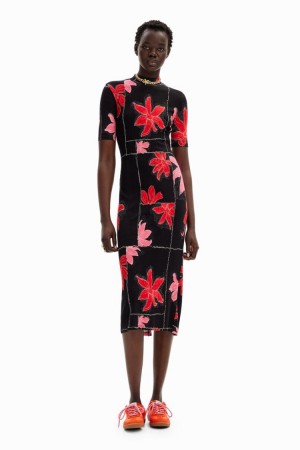 Desigual Ribbed Floral Midi Haljina Crne | ESsh7p9N