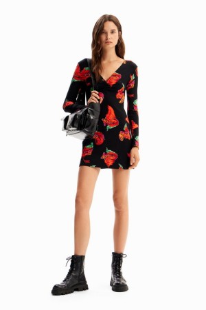 Desigual Ribbed Floral Mini Haljina Crne | RfUnKDFV