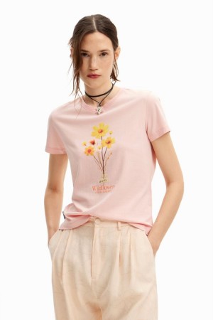 Desigual Short-sleeved With Flowers Majice Roze | komkxuwP