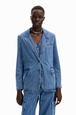 Desigual Striped Denim Blazer Jakne Plave | zBiu0dsb