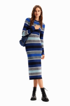 Desigual Stripy Ribbed Midi Haljina Plave | WEIYFGa2