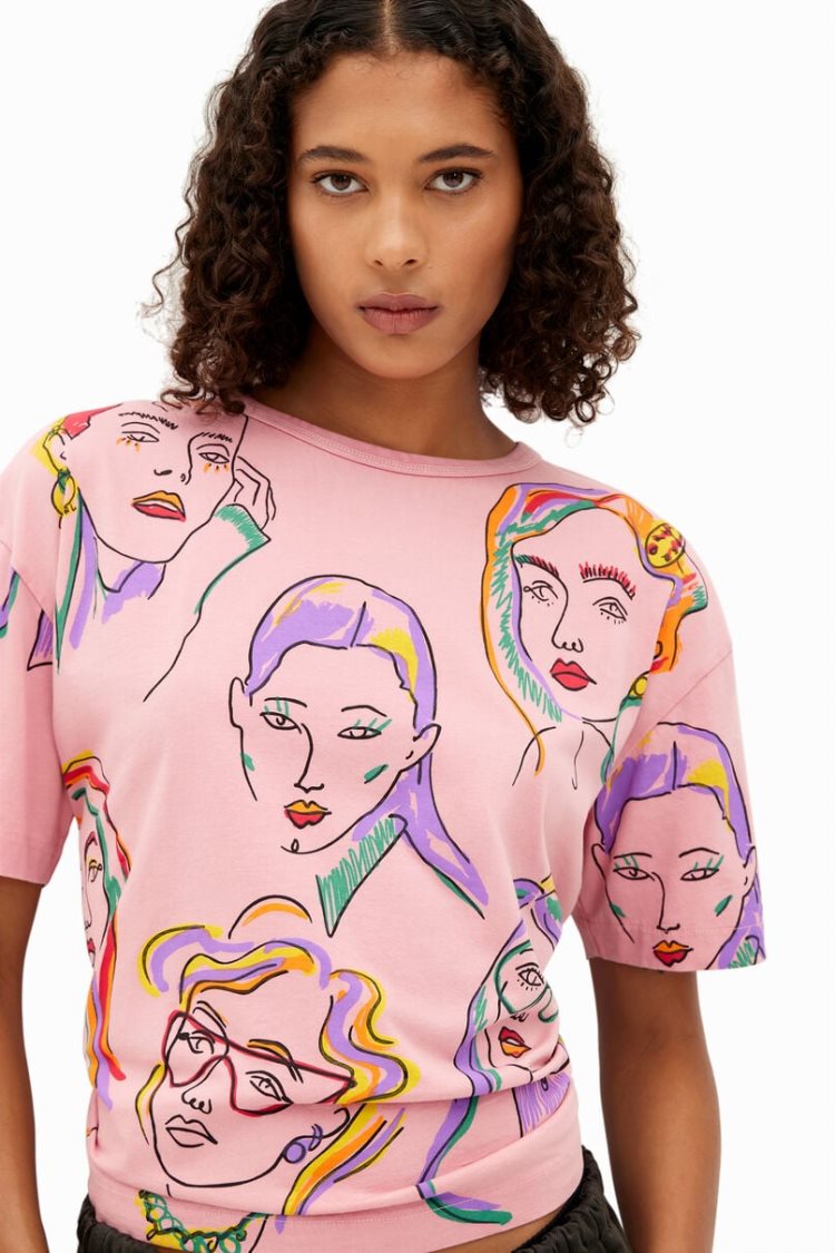 Desigual Arty Faces Majice Roze | gC5RMB8P