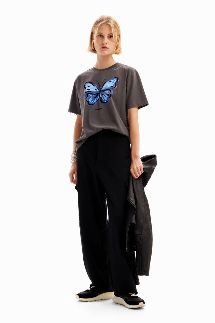 Desigual Butterfly Illustration Majice Crne | dhKsokrE