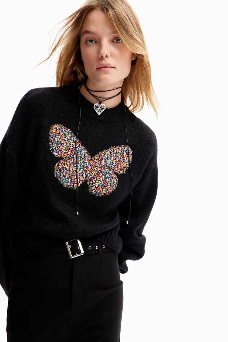 Desigual Chunky Knit Butterfly Pullover Džemperi Crne | OXLMsyWF