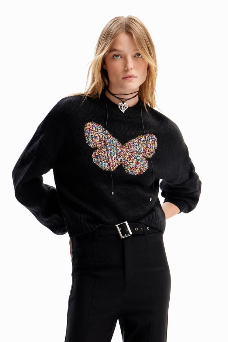 Desigual Chunky Knit Butterfly Pullover Džemperi Crne | OXLMsyWF