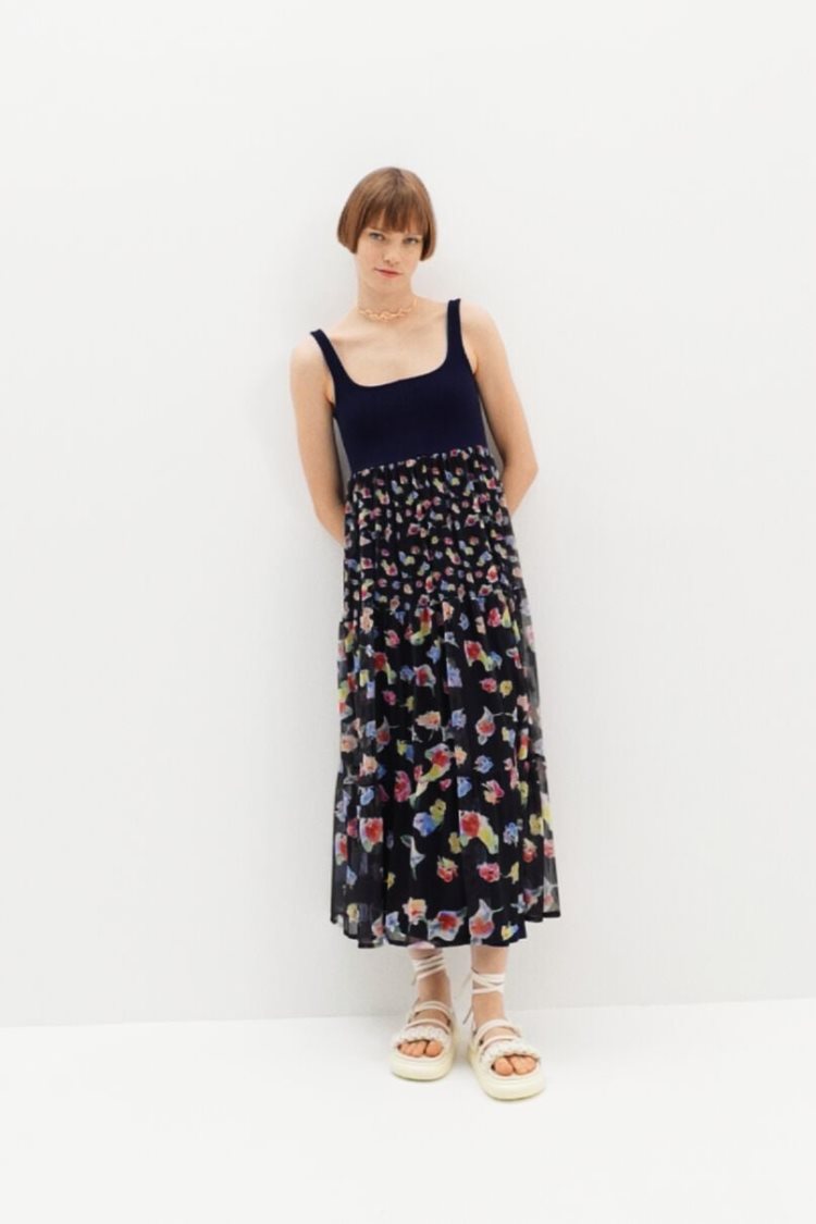 Desigual Combination Floral Midi Haljina Plave | xFpMujkh