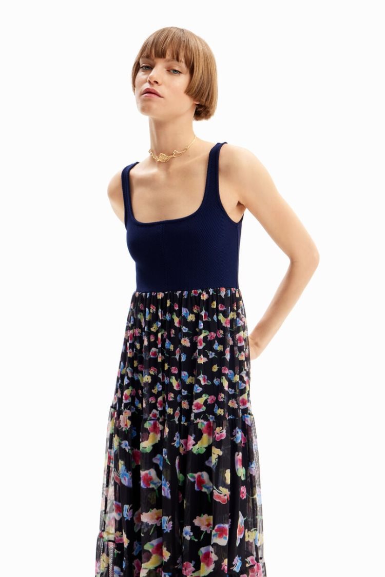 Desigual Combination Floral Midi Haljina Plave | xFpMujkh