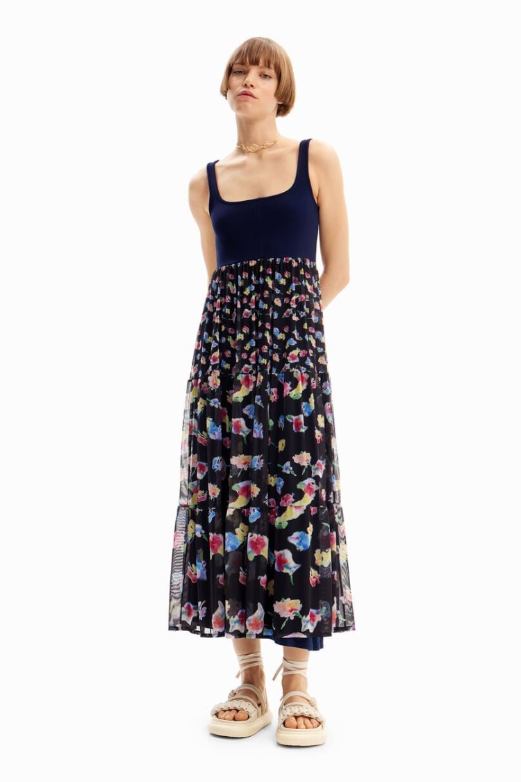 Desigual Combination Floral Midi Haljina Plave | xFpMujkh