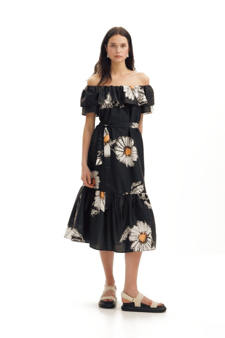 Desigual Daisy Ruffle Midi Haljina Crne | 57SIE5st