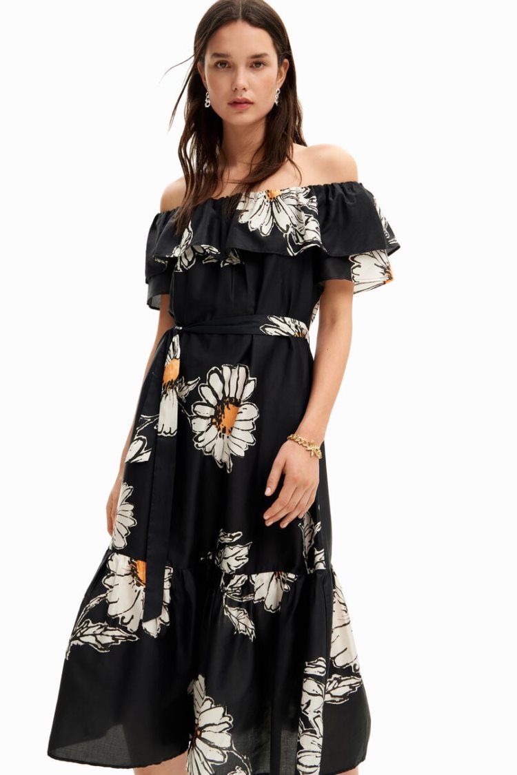 Desigual Daisy Ruffle Midi Haljina Crne | 57SIE5st