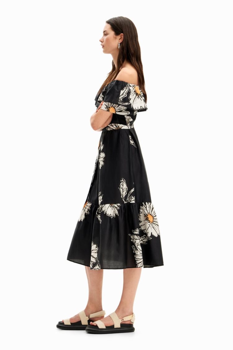 Desigual Daisy Ruffle Midi Haljina Crne | 57SIE5st