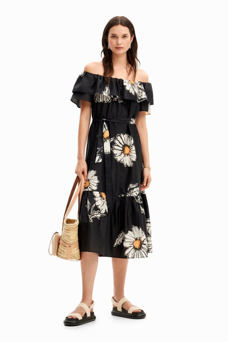 Desigual Daisy Ruffle Midi Haljina Crne | 57SIE5st