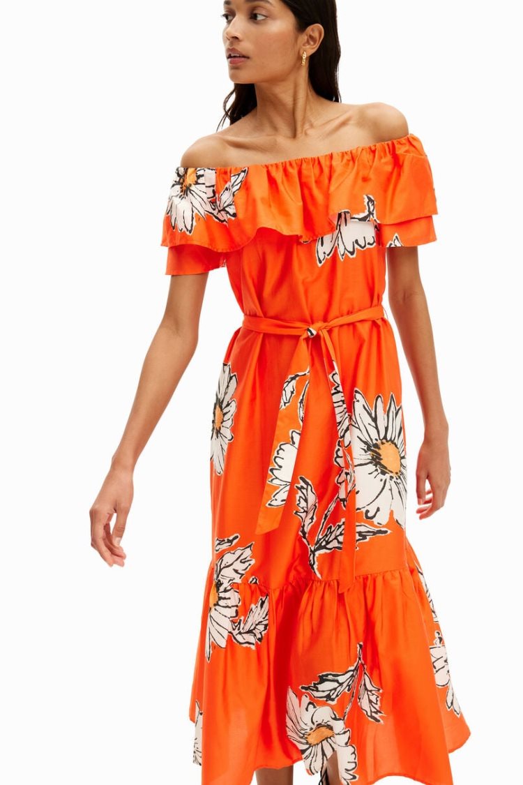 Desigual Daisy Ruffle Midi Haljina Narančaste | ayvF3Tt0