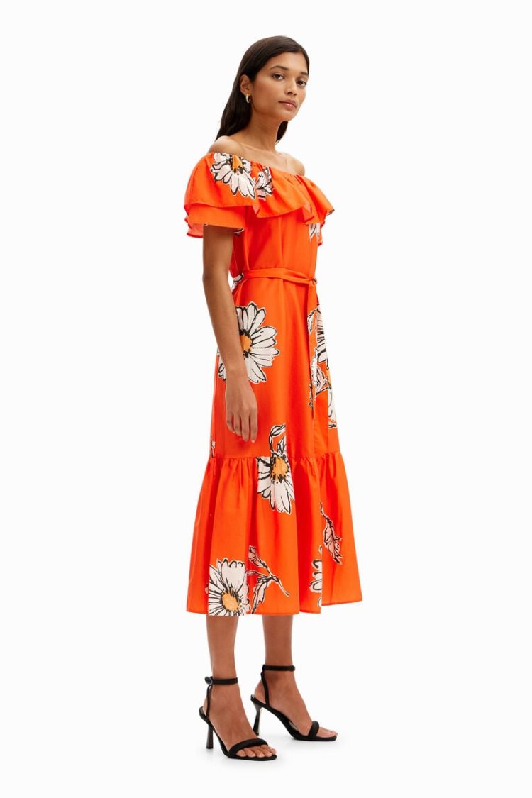 Desigual Daisy Ruffle Midi Haljina Narančaste | ayvF3Tt0