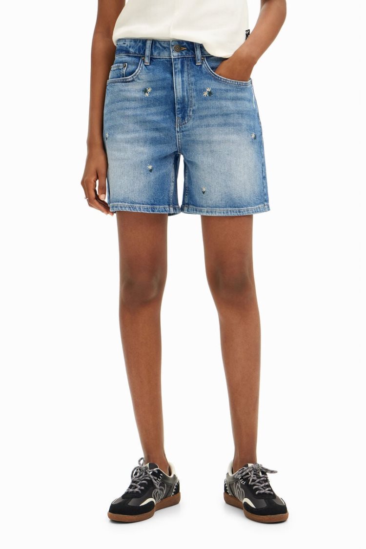 Desigual Denim Shorts With Small Flower Prints Hlače Plave | FG9DhptC