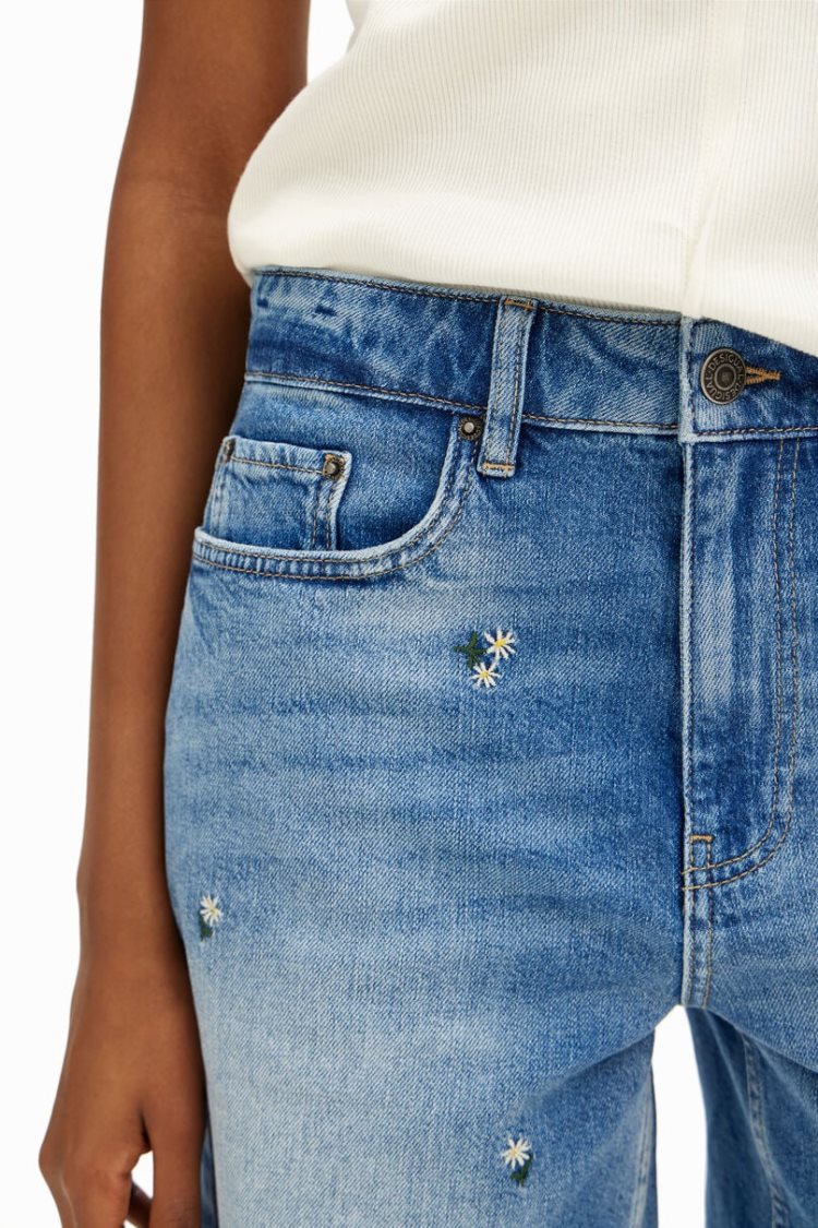 Desigual Denim Shorts With Small Flower Prints Hlače Plave | FG9DhptC