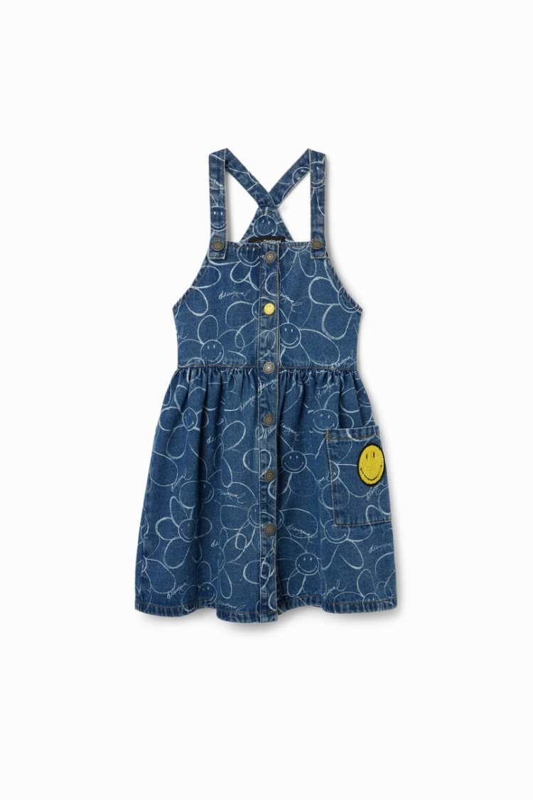 Desigual Denim Smiley Originals Dungaree Haljina Plave | r2FptscB