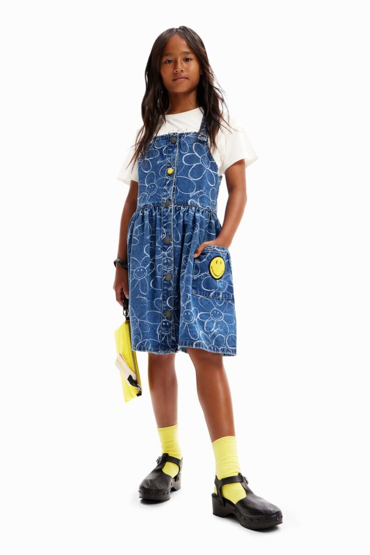 Desigual Denim Smiley Originals Dungaree Haljina Plave | r2FptscB