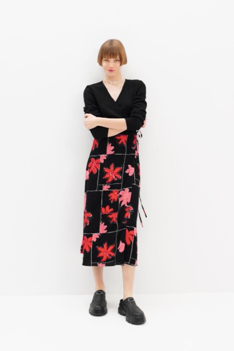 Desigual Floral Wrap Midi Haljina Crne | kkAH3oY8