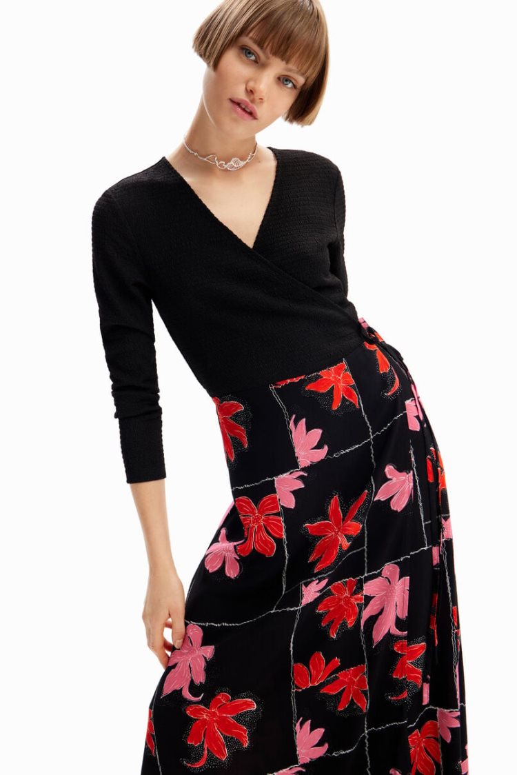 Desigual Floral Wrap Midi Haljina Crne | kkAH3oY8