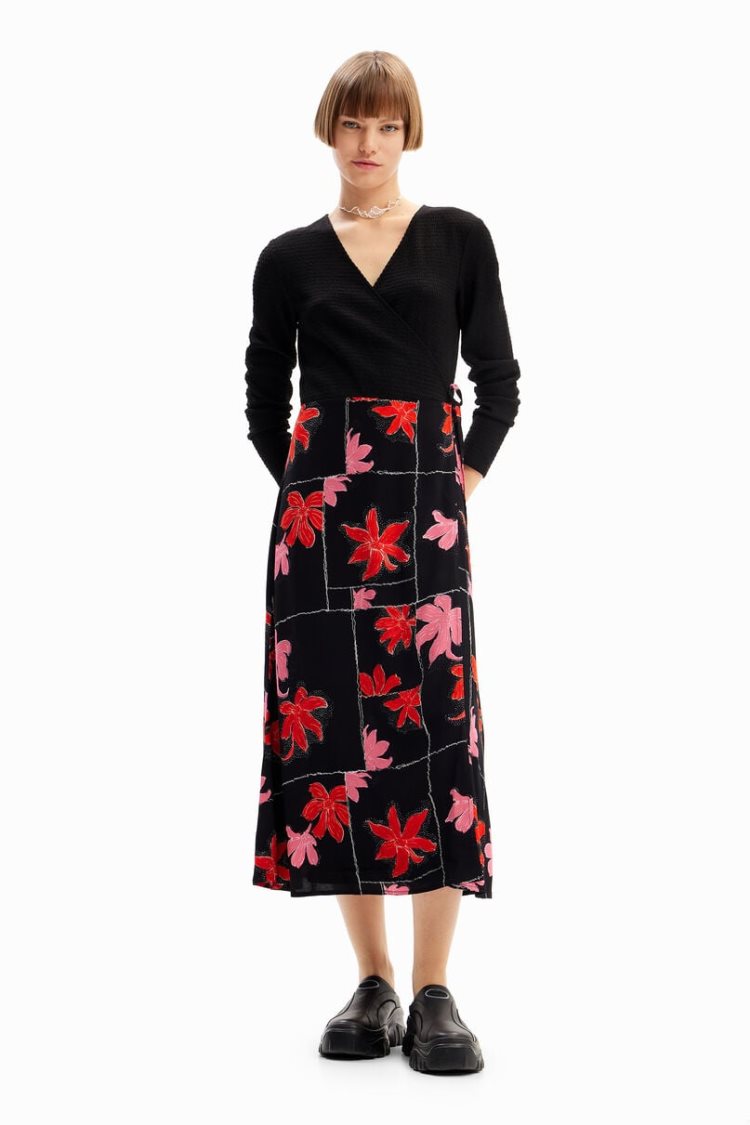 Desigual Floral Wrap Midi Haljina Crne | kkAH3oY8