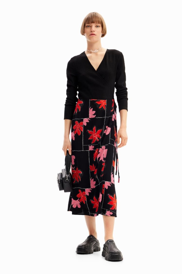 Desigual Floral Wrap Midi Haljina Crne | kkAH3oY8