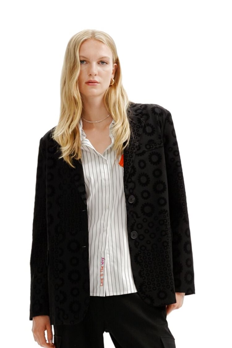 Desigual Geometric Flocked Blazer Jakne Crne | E2UOU9zR