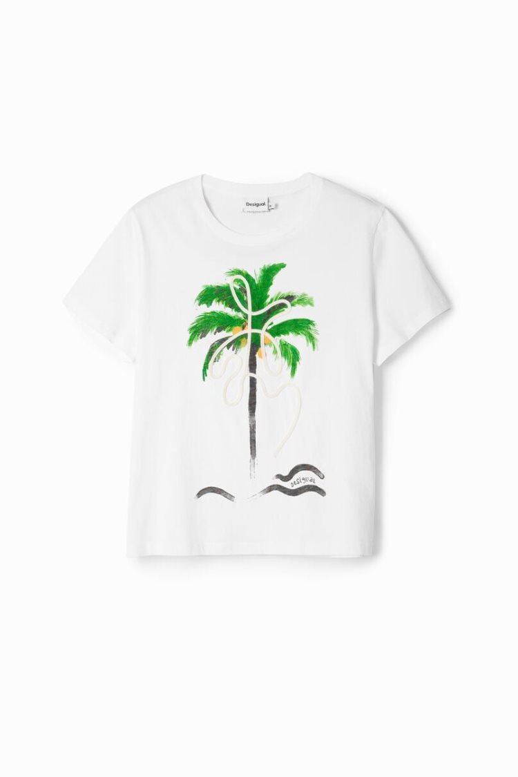 Desigual Hand-painted Palm Tree Majice Bijele | 0x1AziMj