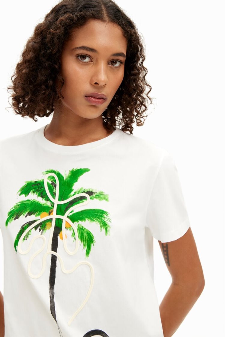 Desigual Hand-painted Palm Tree Majice Bijele | 0x1AziMj