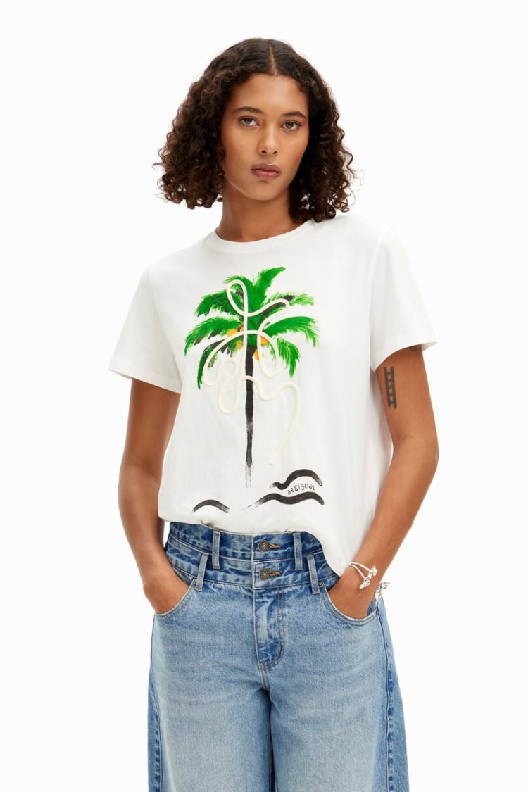 Desigual Hand-painted Palm Tree Majice Bijele | 0x1AziMj