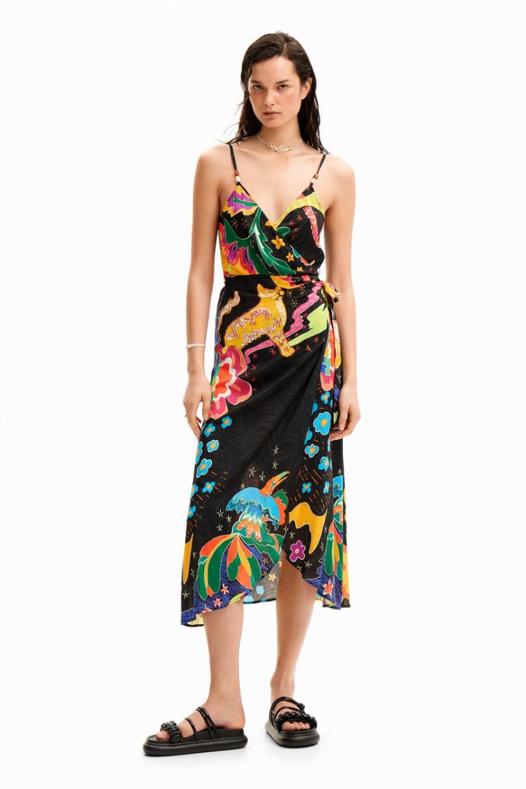 Desigual Jungle Design Wrap Midi Dress Kupaći Kostimi Crne | 8Mg1Wflu