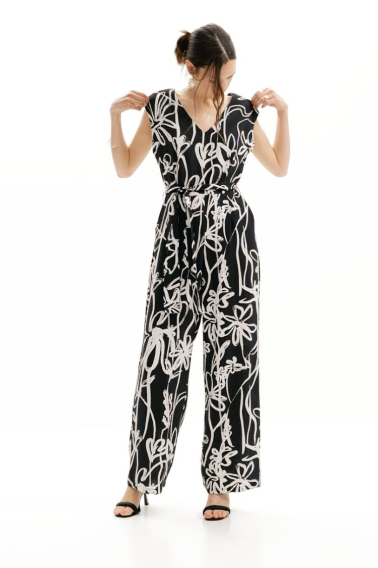 Desigual Long Jumpsuit With Arty Flowers Haljina Crne | Wn7evmqf