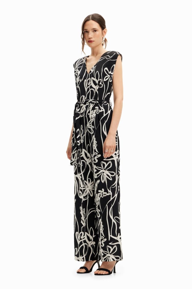 Desigual Long Jumpsuit With Arty Flowers Haljina Crne | Wn7evmqf