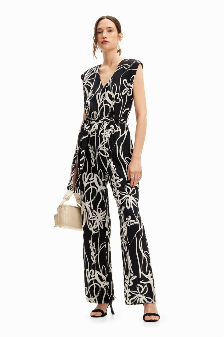 Desigual Long Jumpsuit With Arty Flowers Haljina Crne | Wn7evmqf