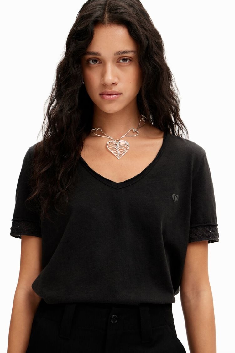 Desigual Openwork V-neck Majice Crne | twZB0gj4