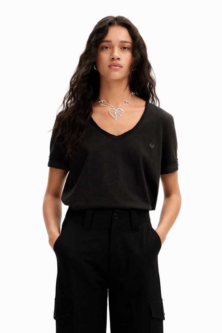 Desigual Openwork V-neck Majice Crne | twZB0gj4