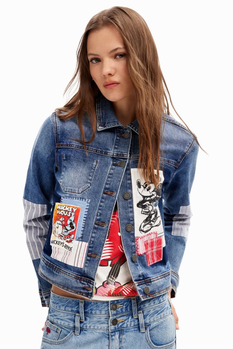 Desigual Patchwork Mickey Mouse Denim Jakne Plave | Jn8HhVTm