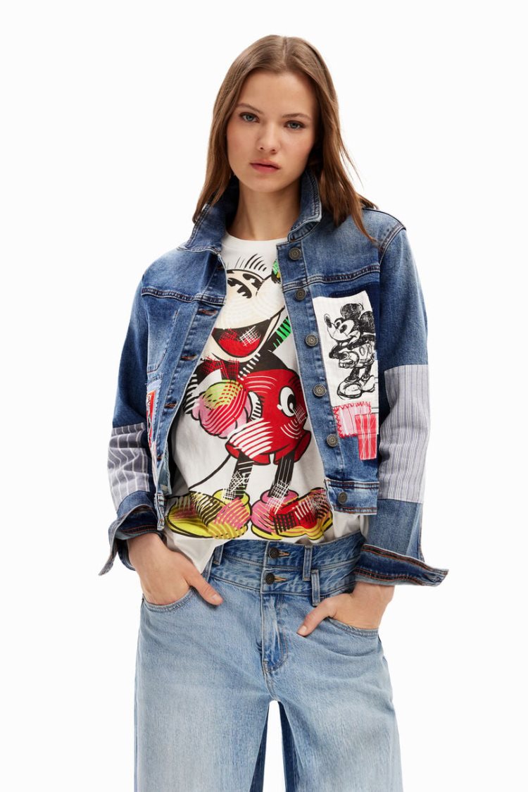 Desigual Patchwork Mickey Mouse Denim Jakne Plave | Jn8HhVTm