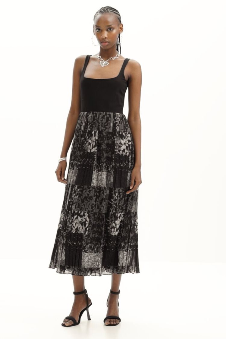 Desigual Pleated Combination Midi Haljina Crne | nHalZHaU