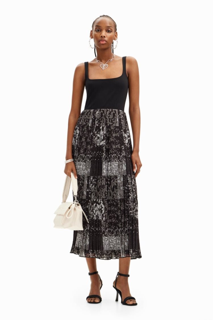 Desigual Pleated Combination Midi Haljina Crne | nHalZHaU