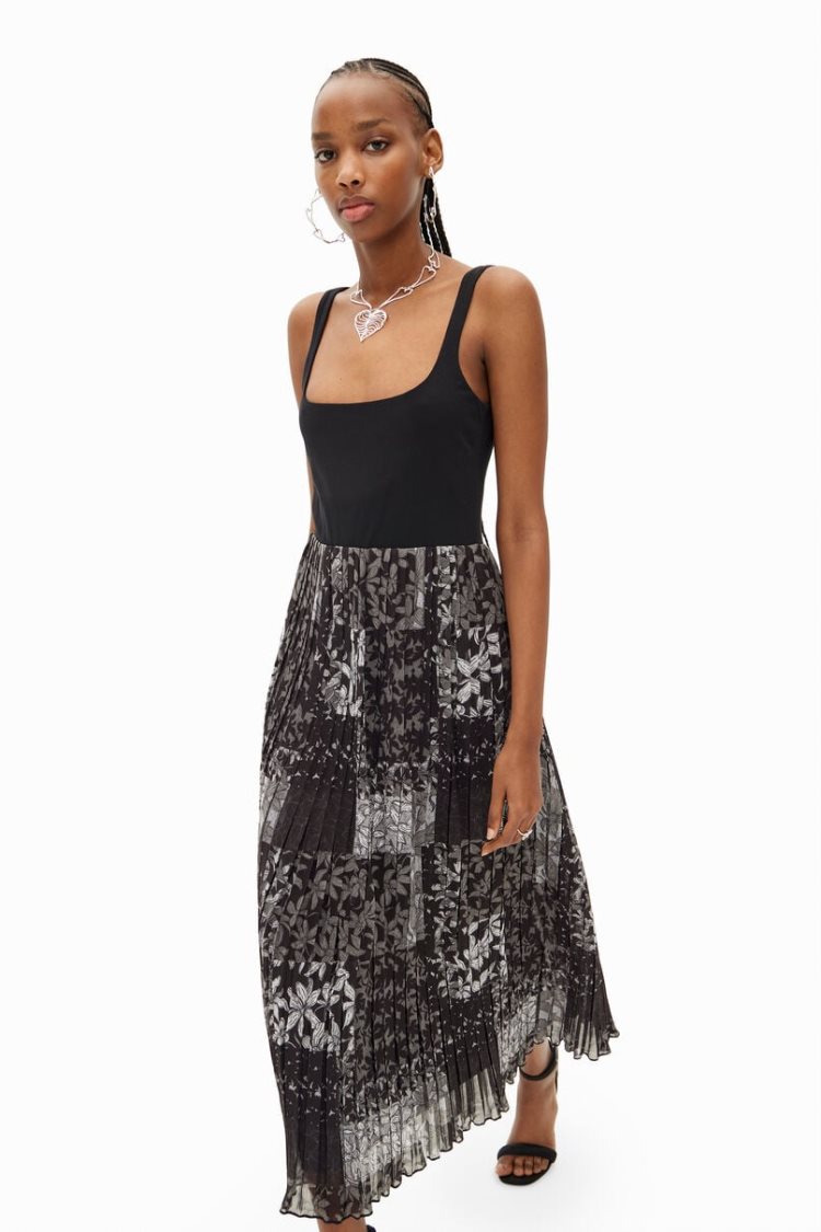 Desigual Pleated Combination Midi Haljina Crne | nHalZHaU