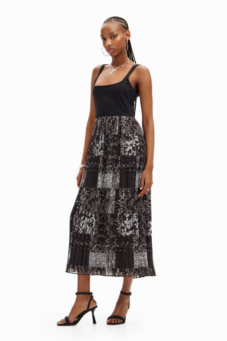 Desigual Pleated Combination Midi Haljina Crne | nHalZHaU